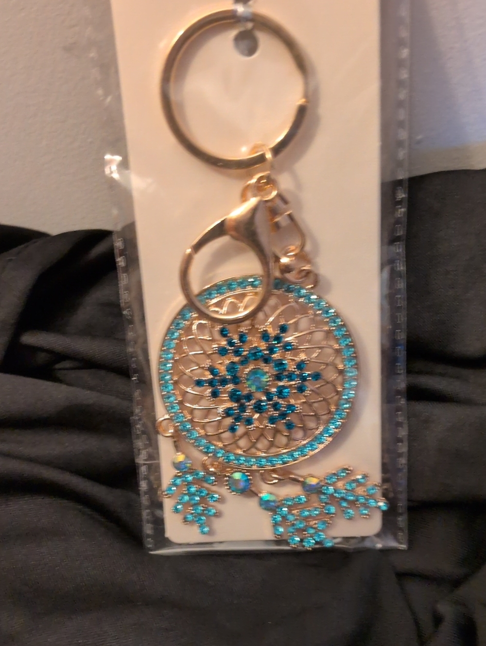 Gold Tone Turquoise Crystal Bag Charm/ Dreamcatcher Keychain